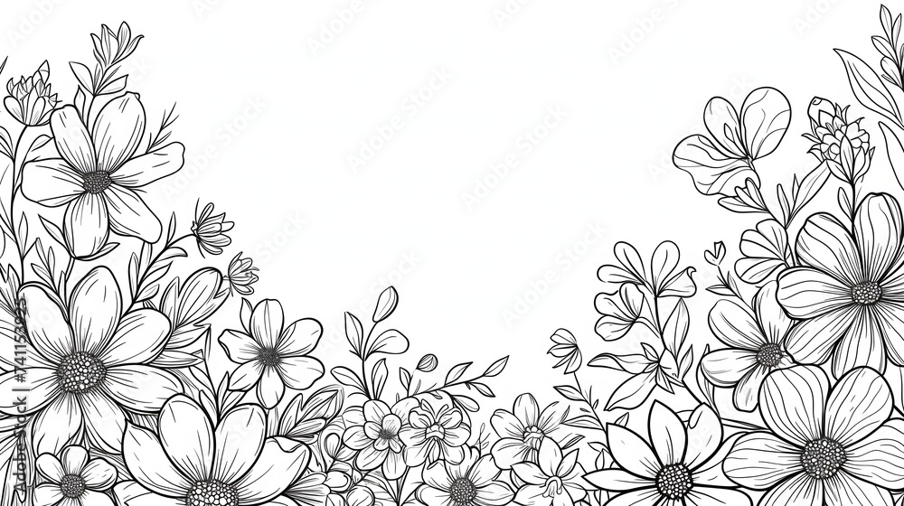 abstract floral background in line art style on a white background with copy space