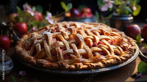sweet apple pie with white sugar sprinkles on a wooden tray and blurred background photo