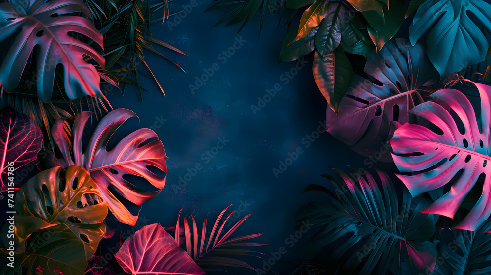 Fototapeta premium leaves in neon colors on a dark background with copy space