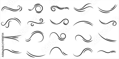 Set of swirl line wind doodle. Hand drawn curve line, air wind flow, doodle wind motion, swirl elements, wind line sketch. Vector illustration