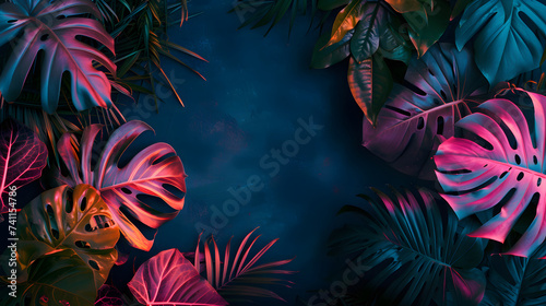 leaves in neon colors on a dark background with copy space