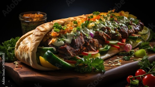 Delicious kebab full of meat and vegetables, black and blur background