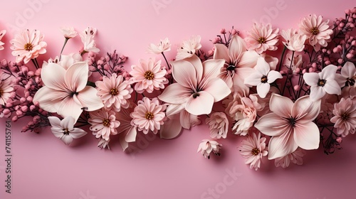 top view of beautiful flowers on pink background for valentine banner or poster
