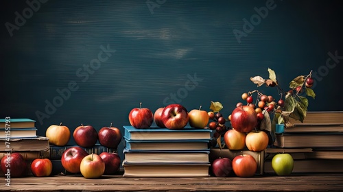 pile of books  stationery and apples on a wooden table with a minimalist background