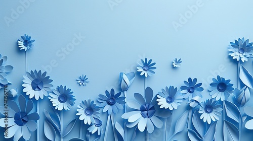 Background of blue paper flowers with empty space for text or greeting card design. Postcard for International Women's Day and Mother's Day photo