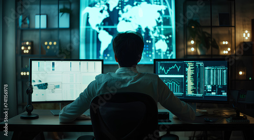 Investor Analyzing Stock Market on Multiple Computer Screens. An investor in a modern office analyzes real-time stock market data across an array of computer screens, assessing potential trades. 