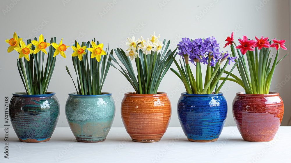 Daffodil and Hyacinths in Colorful Pots
