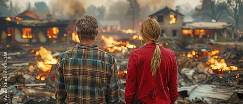 Owners, a man and his wife, inspecting their charred and destroyed home and garden following a fire