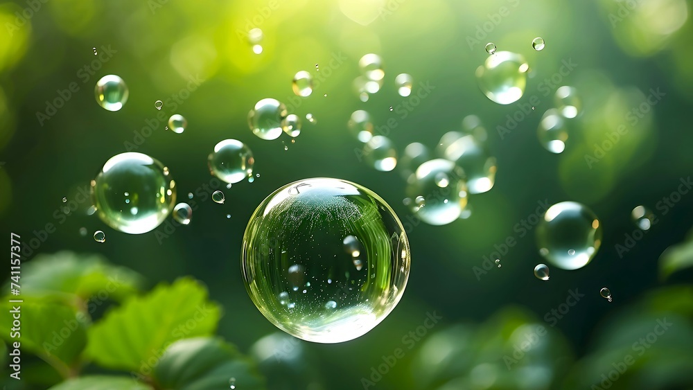 flying bubbles on a morning greenery background with background lighting