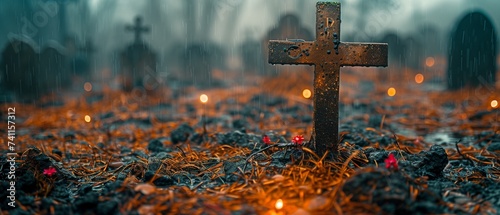 a graveyard with a rough wooden cross