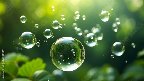 flying bubbles on a morning greenery background with background lighting