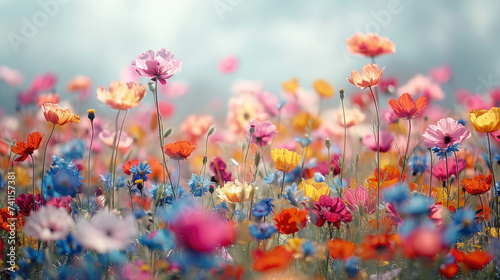 Abstract and colorful blur of wildflowers in a field  creating a dreamy and 