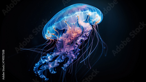 Solo Jellyfish Emanating Blue Luminescence in the Abyss © heroimage.io