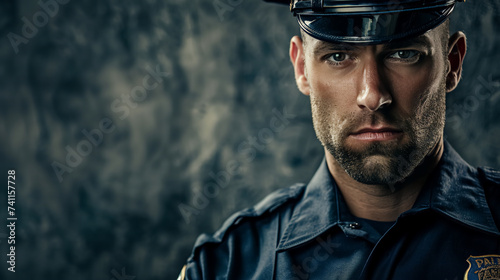 Portrait of a male policeman in serious emotional face in studio photo