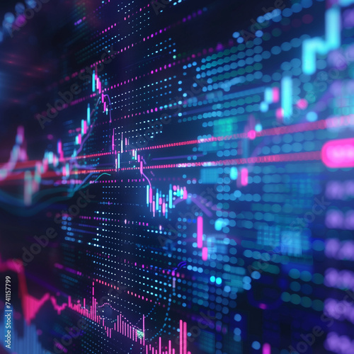 Stock market graph on dark LED screen for business analysis. Finance and economic digital graphs.