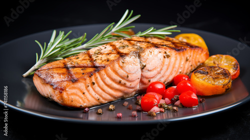 Grilled salmon steak with rosemary and tomatoes on a plate.