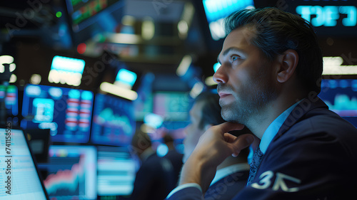 Stock Market Analysts Observing Financial Data on Screens. Focused stock market analysts in a trading room monitoring live trading data and financial charts on multiple display screens.