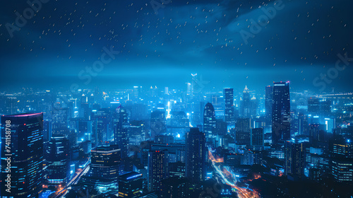 Futuristic Cityscape with Illuminated Skyscrapers. A breathtaking cityscape at night, featuring skyscrapers bathed in neon lights, reflecting a futuristic metropolitan vibe. 