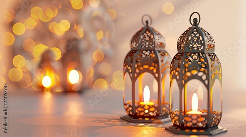 Decorative Arabic lanterns with burning candles burning on a white background. Festive greeting card, invitation to the Muslim holy month of Ramadan Kareem - Eid Ul Fitr - generative ai