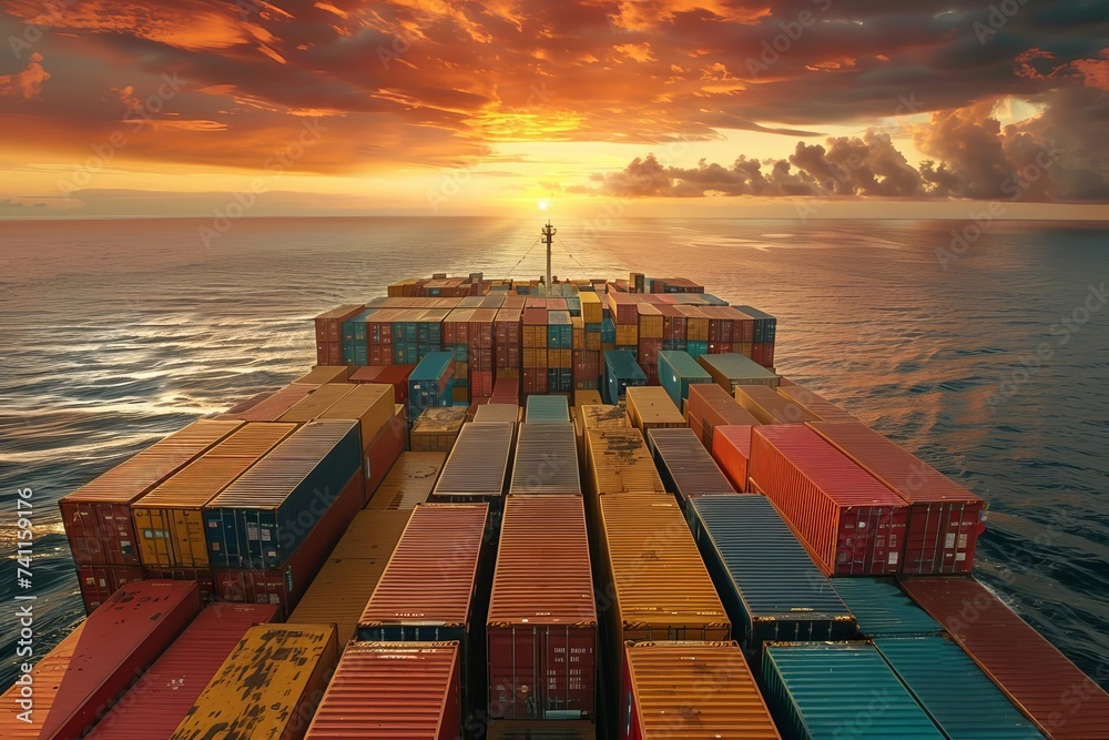 Container ship loaded with colorful boxes Representing global trade and the bustling activity of import and export docks Against a backdrop of a sunset sky - obrazy, fototapety, plakaty 