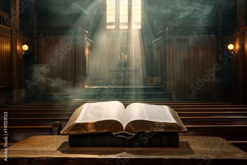 An open holy bible illuminated by divine light in a serene church setting Evoking a sense of peace Spirituality And divine connection
