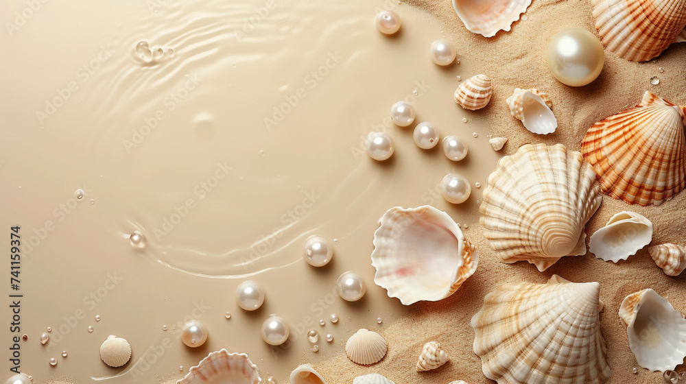 Minimalistic pearls and sea shell background concept with empty space. Minimalistic pearls and sea shell background concept with empty space.