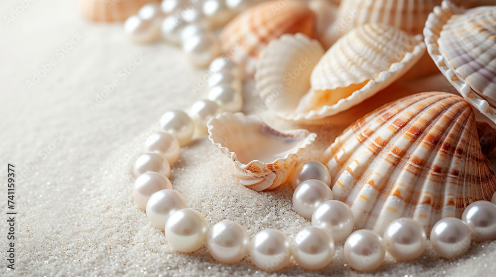 Minimalistic pearls and sea shell background concept with empty space. Minimalistic pearls and sea shell background concept with empty space.