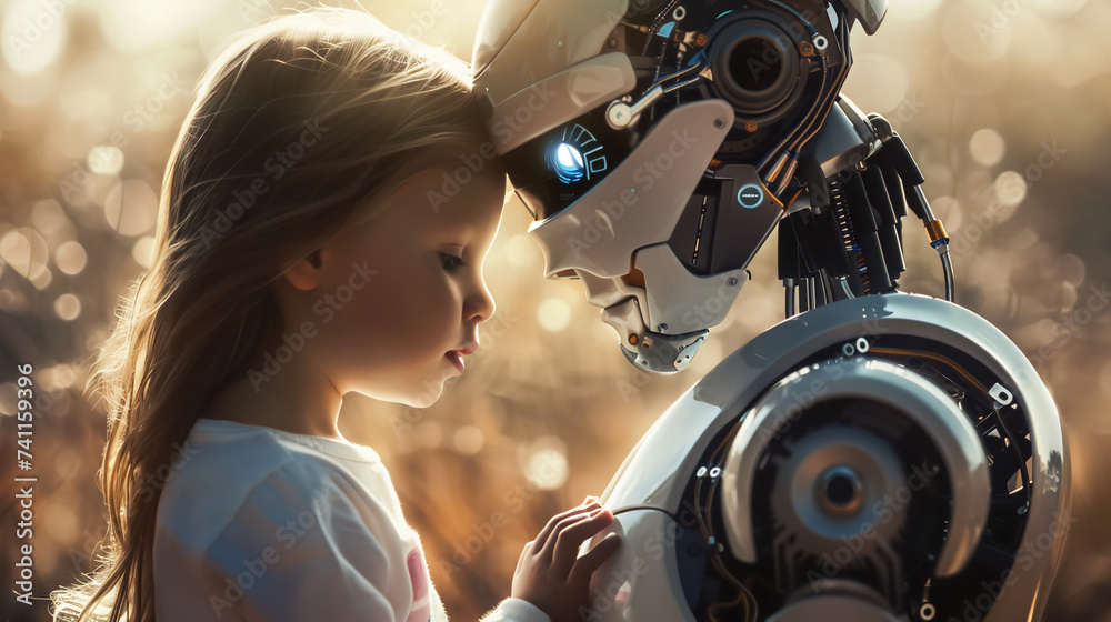 A children girl with humanoid AI robot in living room. A children girl with humanoid AI robot in living room.