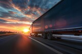 Logistics and cargo transportation concept depicting a truck speeding down a highway at sunset Symbolizing efficient delivery and supply chain management.