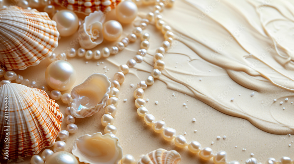 Minimalistic pearls and sea shell background concept with empty space. Minimalistic pearls and sea shell background concept with empty space.
