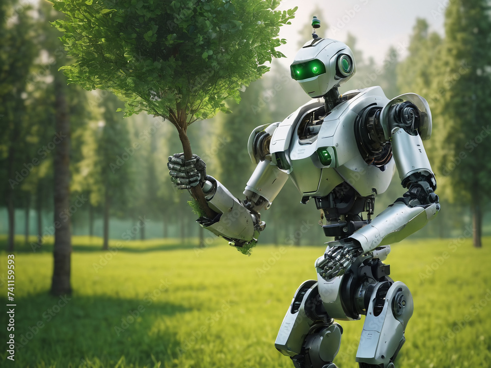 A robot arm planting a tree in a green field - generated by ai A robot arm planting a tree in a green field - generated by ai