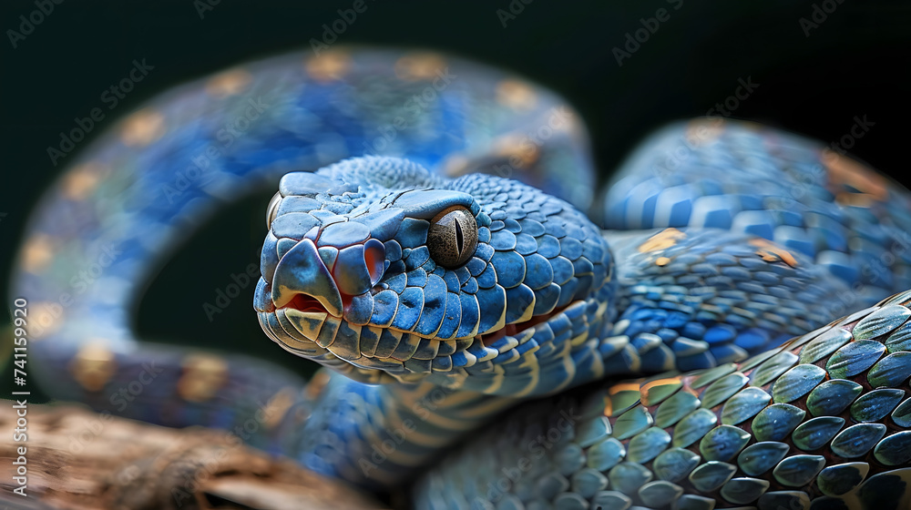 Fototapeta premium Blue viper snake closeup face