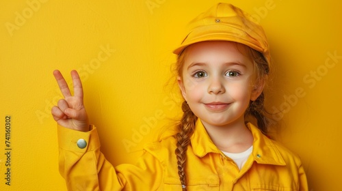 5 year old girl in new, clean golf uniform that is fresh and presentable Smiling brightly as he pointed up and to the right. With a bright yellow backdrop. It adds a delightful touch.