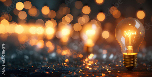 Single Illuminated Light Bulb Amongst Soft Bokeh. A solitary light bulb stands out, brightly lit and clear against a backdrop of soft, warm bokeh lights, creating an atmosphere of focus and inspiratio