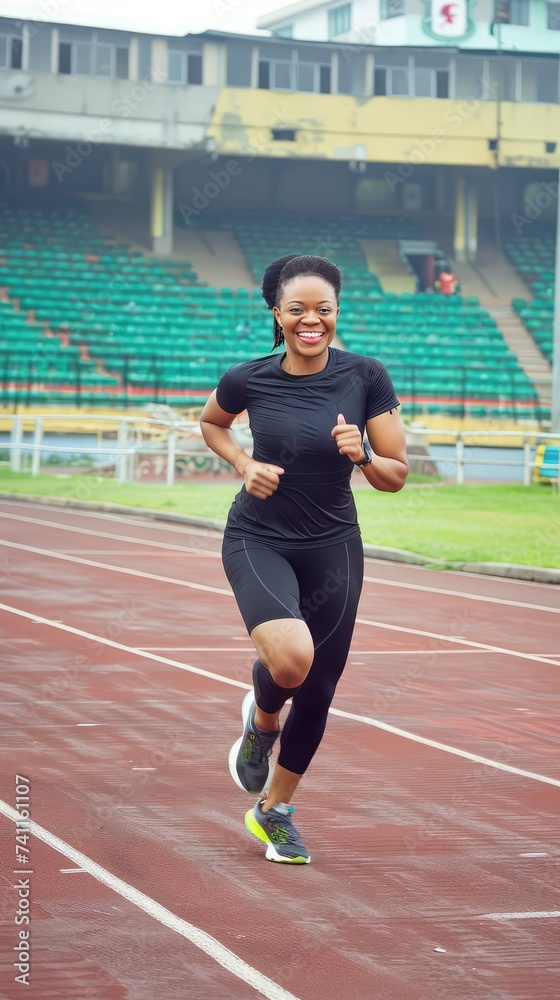 Obraz premium Cheerful adult African American woman doing sports at the stadium