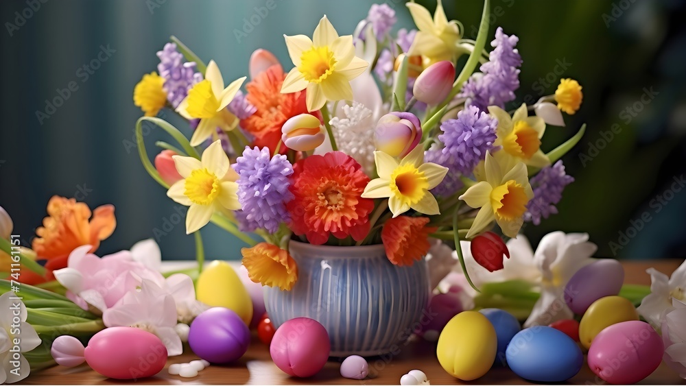 Obraz premium Floral Easter Eggs Bouquet on Soft Background