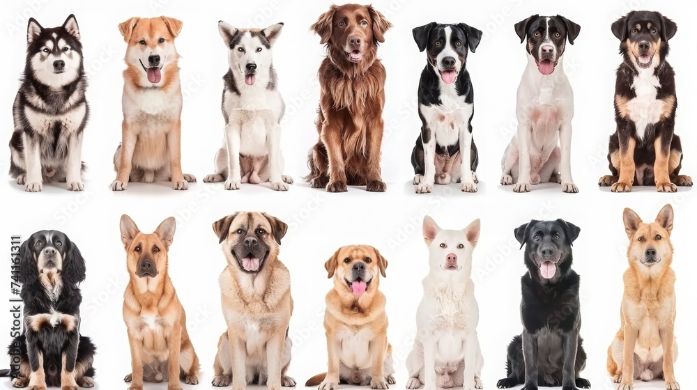 Different Dog Breeds Sitting in Rows on a White Background