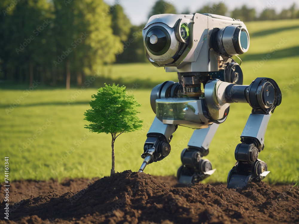 A robot arm planting a tree in a green field - generated by ai