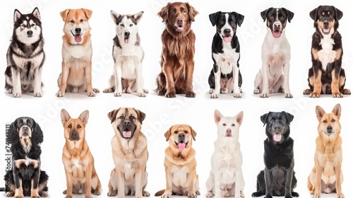 Different Dog Breeds Sitting in Rows on a White Background