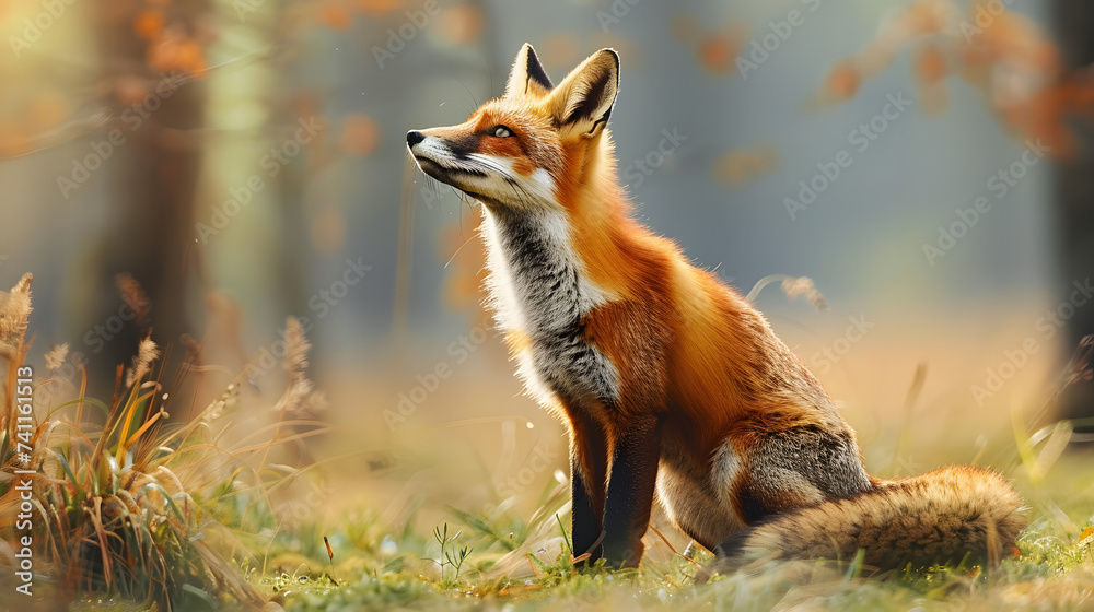 Red Fox hunting, Vulpes vulpes, wildlife scene from Europe. Orange fur coat animal in the nature habitat. Fox on the green forest meadow.