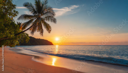 Tropical summer sand beach and palm on sea sky background, copy space. Summer vacation 