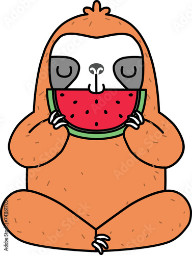 Cute cartoon sloth. Adorable hand drawn baby sloth character eating watermelon. Illustration for nursery design, poster, greeting, birthday card, baby shower design and party.