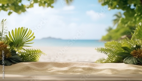 Fondo con tema de playa tropical para presentación de producto.