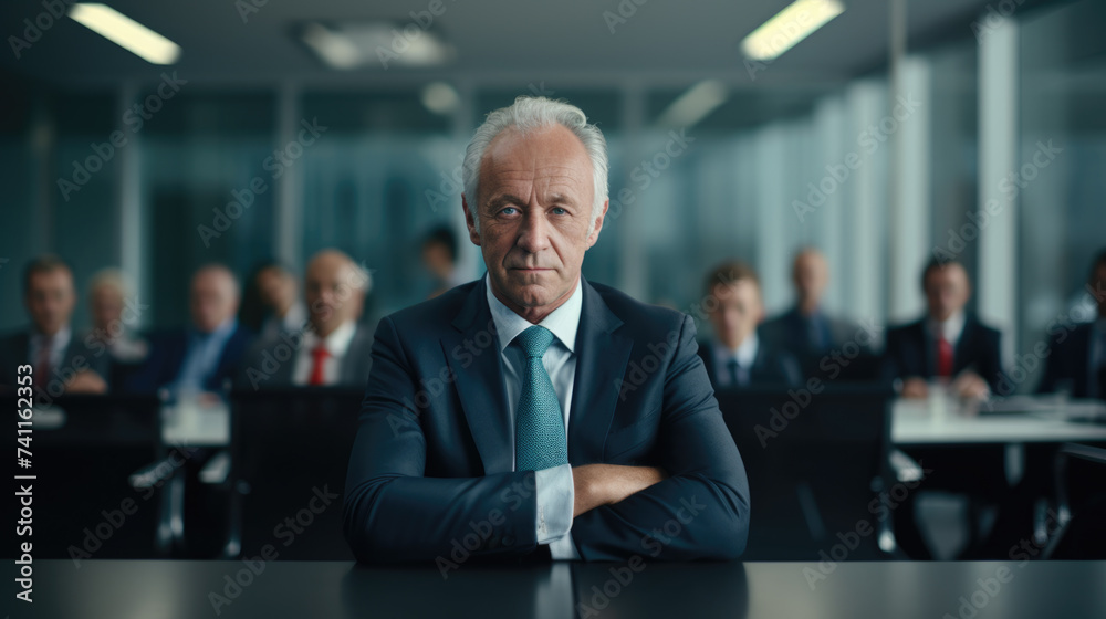 Serious well-dressed businessman sits behind a desk and looks directly at the camera before a business deal negotiation - obrazy, fototapety, plakaty 