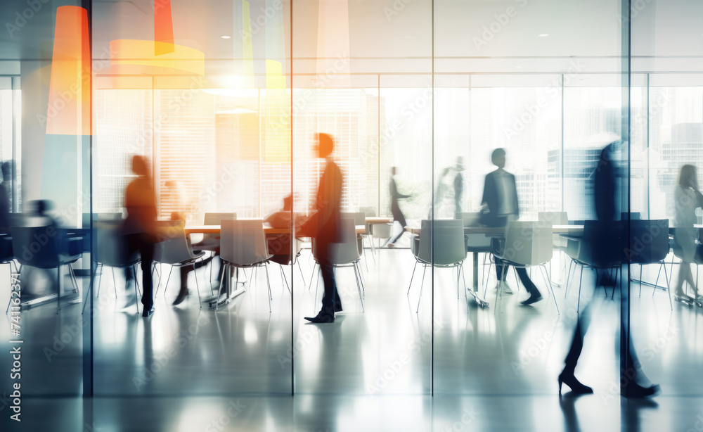 Silhouettes of business people walking in a modern glass office space Silhouettes of business people walking in a modern glass office space