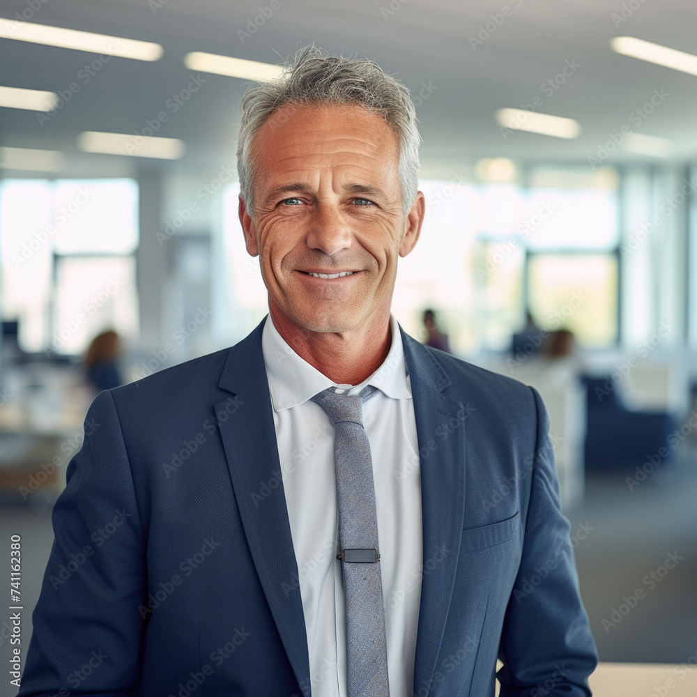 Smiling businessman sits behind a desk and looks directly at the camera before a business deal negotiation Smiling businessman sits behind a desk and looks directly at the camera before a business deal negotiation