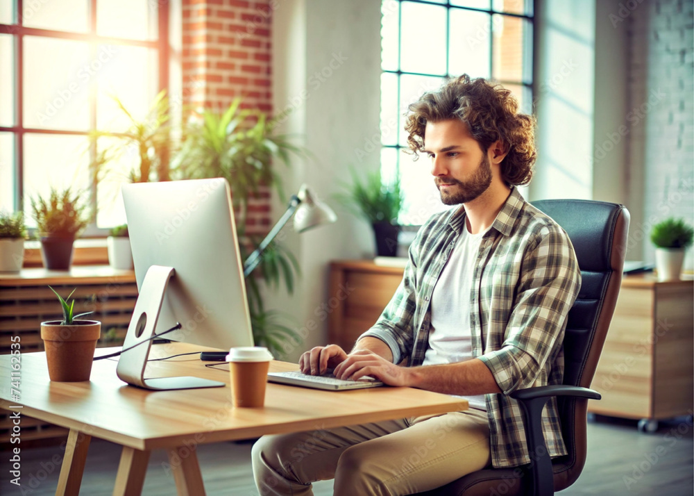 man in casual wear working while sitting at the desk in creative office man in casual wear working while sitting at the desk in creative office