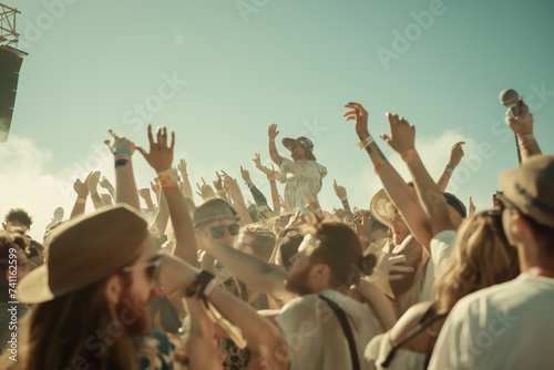 Crowd of fans raise their hands and cheer at an outdoor summer music festival live concert