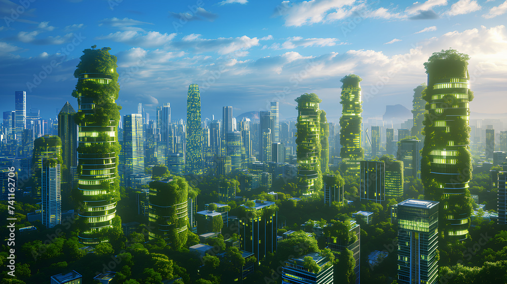 Obraz premium Eco-Friendly Urban Skyline with Vertical Gardens. Lush vertical gardens flourishing on futuristic skyscrapers, creating an eco-friendly urban skyline under a clear blue sky.
