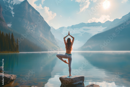 Woman holds relaxing yoga pose by a beautiful calm lake in the mountains
